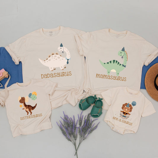 Matching Family Saurus Dinosaur Birthday Shirts Cute Whimsical Pastel Dino Party Hat Bow Tie Tees Soft Cotton Playful Adult Kids Custom Gift