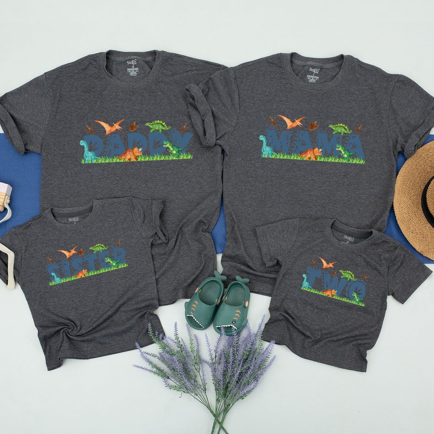 Matching Family Dinosaur Birthday Tees MamaSaurus DadaSaurus Kids 1st Birthday Party Outfit Whimsical Cartoon Dino Design Navy Text