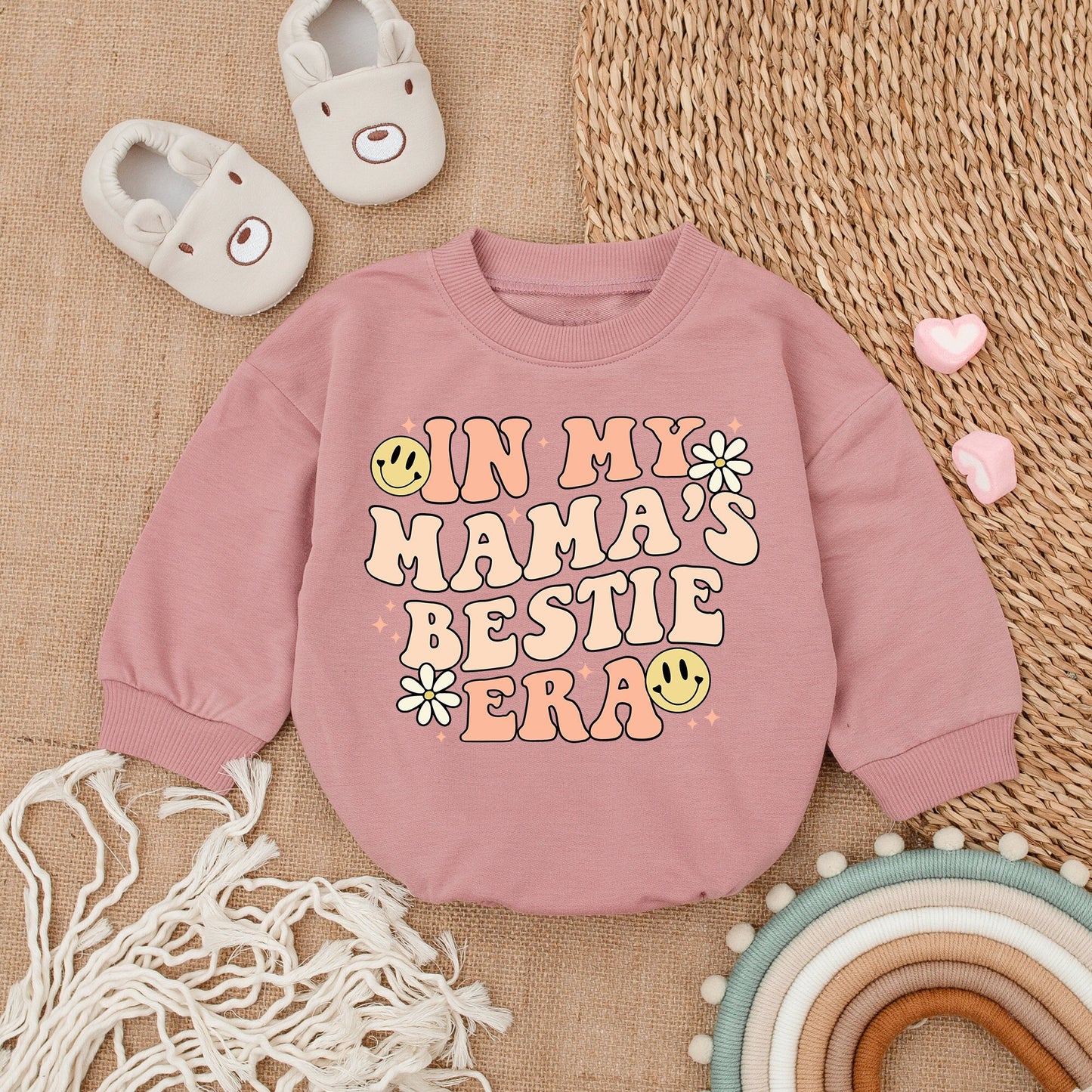My Mama's Bestie Era Baby Girl Romper Cheerful Vintage Smiley Daisy Outfit Soft Cotton Bodysuit Sweet Mother's Day Gift