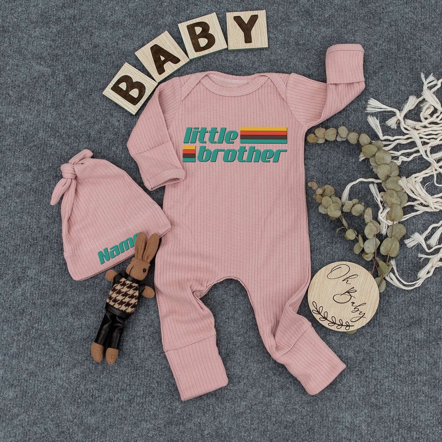 Custom Little Brother Bodysuit Retro Vintage Baby Boy Romper Outfit Mustard Red Teal Green Blocky Font New Baby Gift Going Home Keepsake