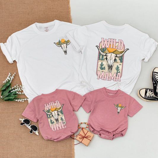 Wild One 1st Birthday Western Outfit Baby Girl Rodeo Bodysuit, Mommy and Me Shirts with Steer Skull, Cactus, Desert Sun Graphics