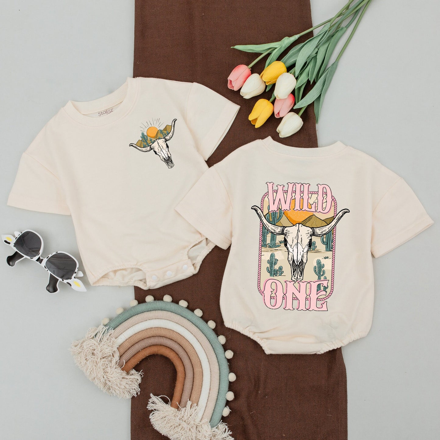 Wild One 1st Birthday Western Outfit Baby Girl Rodeo Bodysuit, Mommy and Me Shirts with Steer Skull, Cactus, Desert Sun Graphics