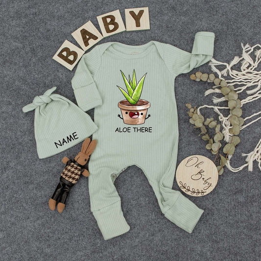 Personalized Aloe There Baby Bodysuit and Hat Set with Cute Smiling Potted Plant Custom Name Newborn Coming Home Outfit New Mom Gift