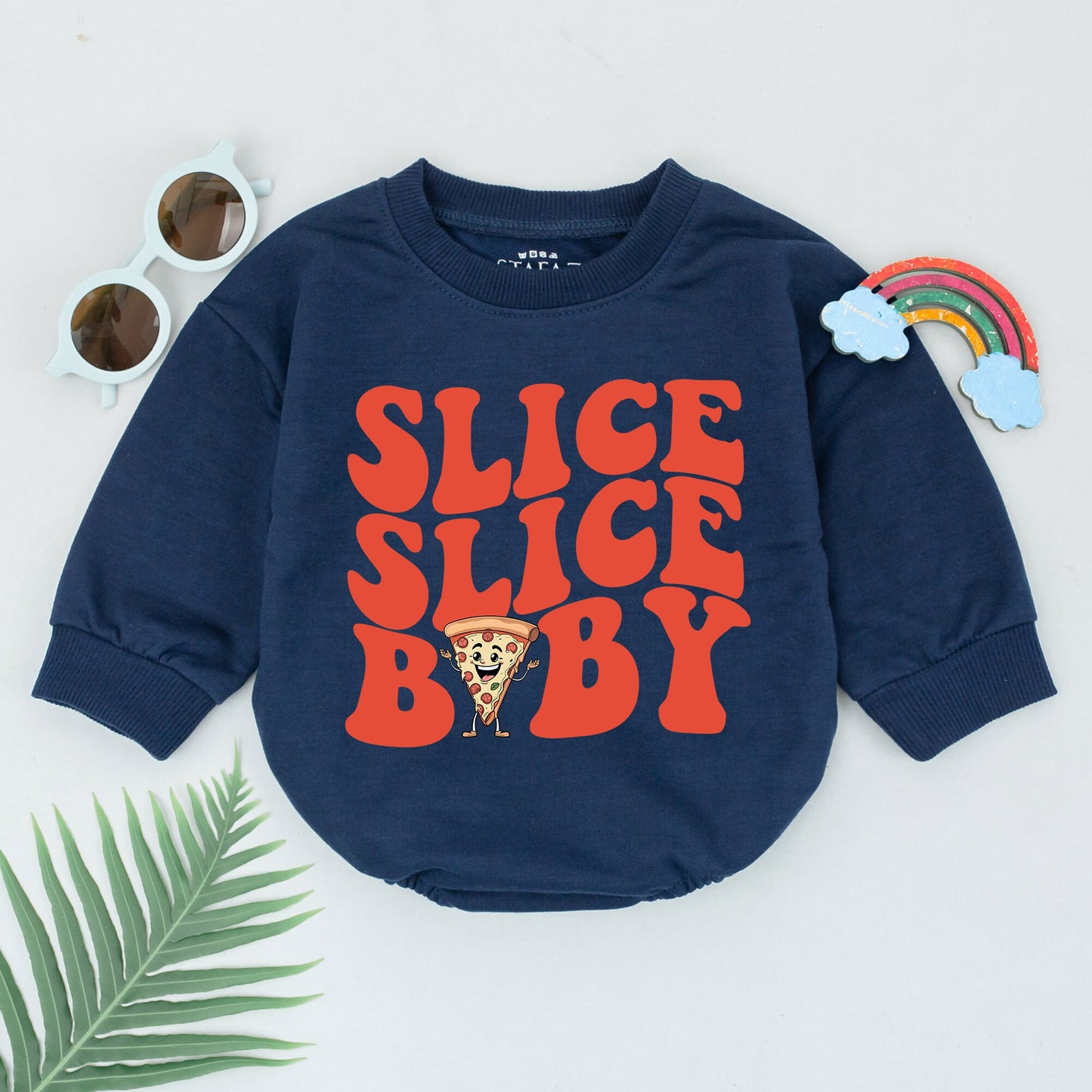 Slice Slice Baby Romper Cute Cartoon Pizza Slice Retro Font Foodie Gift for Baby Boys Girls Newborn