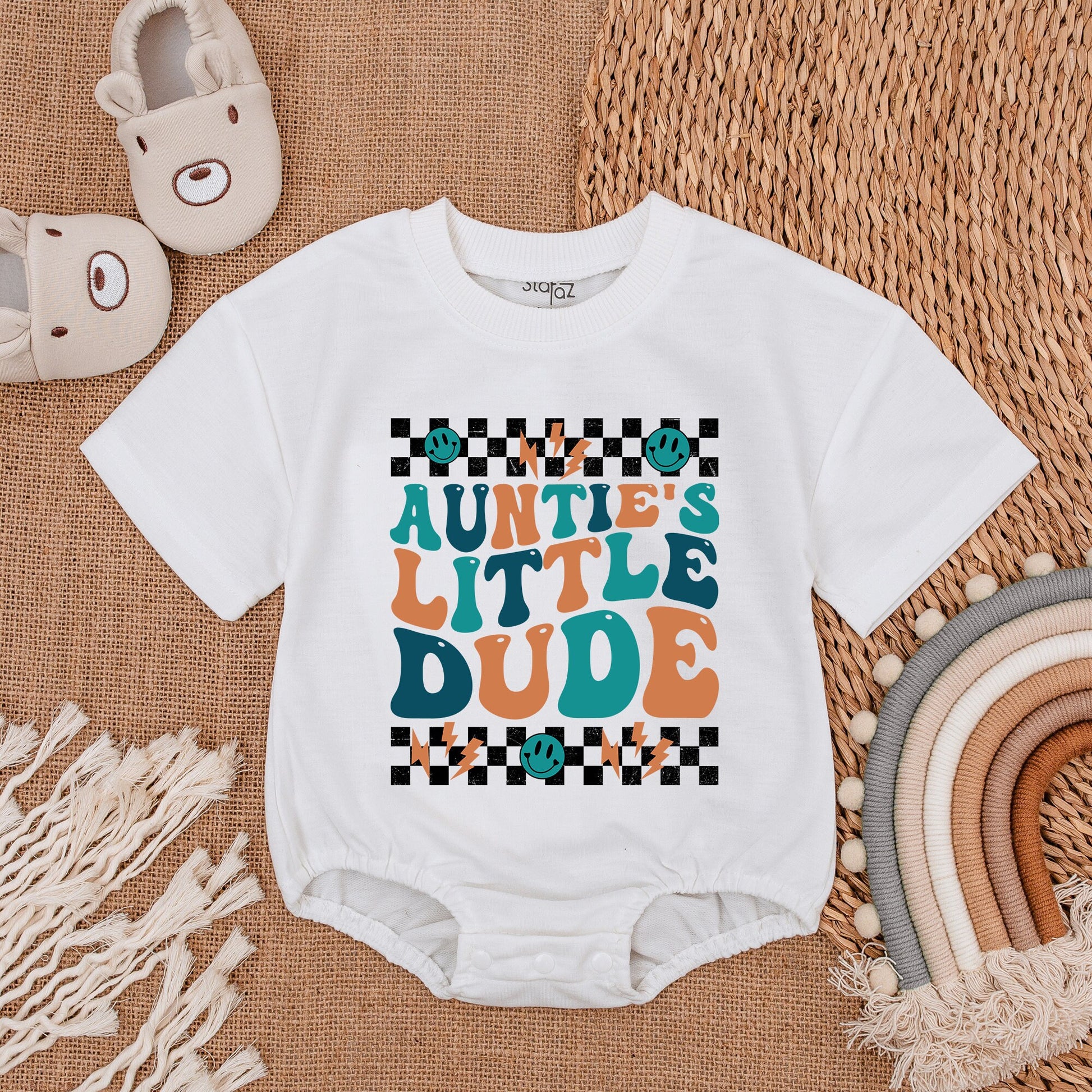 Auntie's Little Dude Retro Baby Boy Romper Bodysuit New Aunt Gift Colorful Teal Orange Checkered Lightning Smiley Shower Outfit