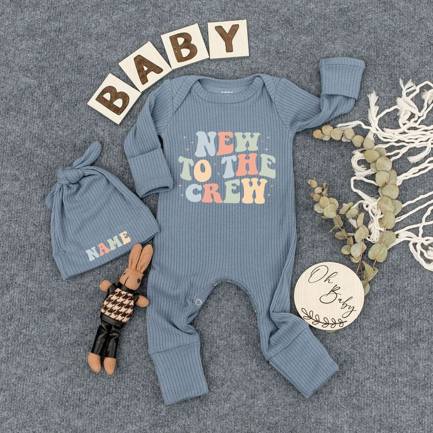 Custom New to the Crew Bodysuit & Hat Set Retro Multi-Color Graphic Baby Romper Outfit Newborn Gift