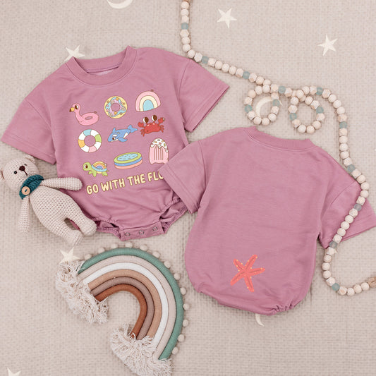Whimsical Summer Beach Baby Girl Bubble Romper with Playful Designs Flamingo Donut Rainbow Whale Crab Turtle Popsicle GO WITH THE FLOAT Starfish Outfit New Baby Shower Gift