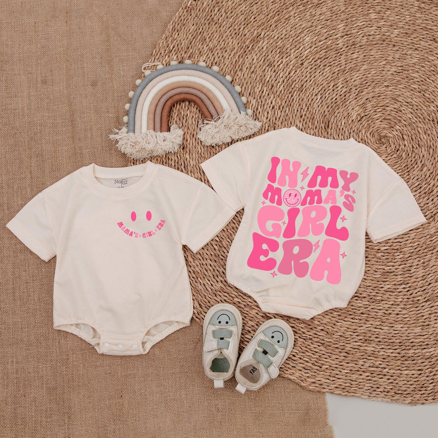 Pink Retro Mama's Girl Era Baby Girl Romper, Mommy and Me Vintage 70s Outfit with Smiley Face Lightning Star Accents Gift