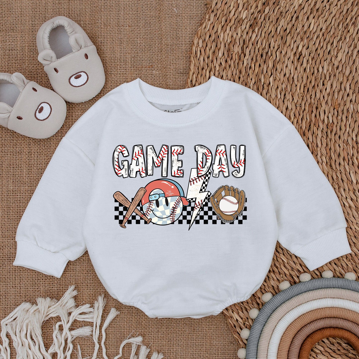 Game Day Baseball Baby Bubble Romper, Newborn Infant Bodysuit Outfit with Stitched GAME DAY Text & Vintage Style Graphics.