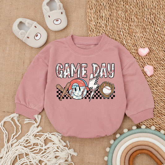 Game Day Baseball Baby Bubble Romper, Newborn Infant Bodysuit Outfit with Stitched GAME DAY Text & Vintage Style Graphics.