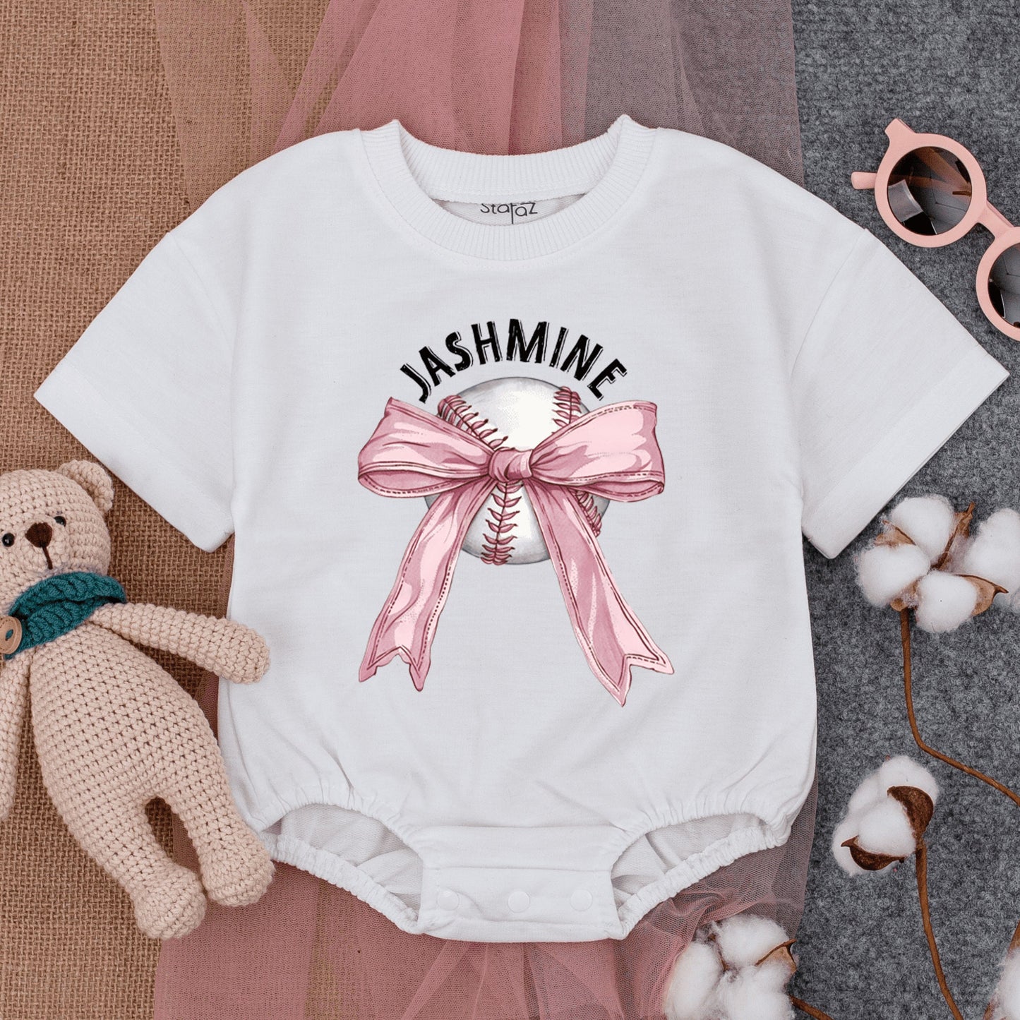 Custom Baseball Bow Baby Bodysuit Toddler T-Shirt Cute Girly Game Day Outfit with Name Jashmine