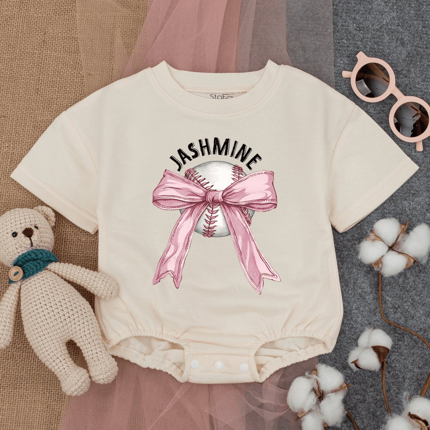 Custom Baseball Bow Baby Bodysuit Toddler T-Shirt Cute Girly Game Day Outfit with Name Jashmine