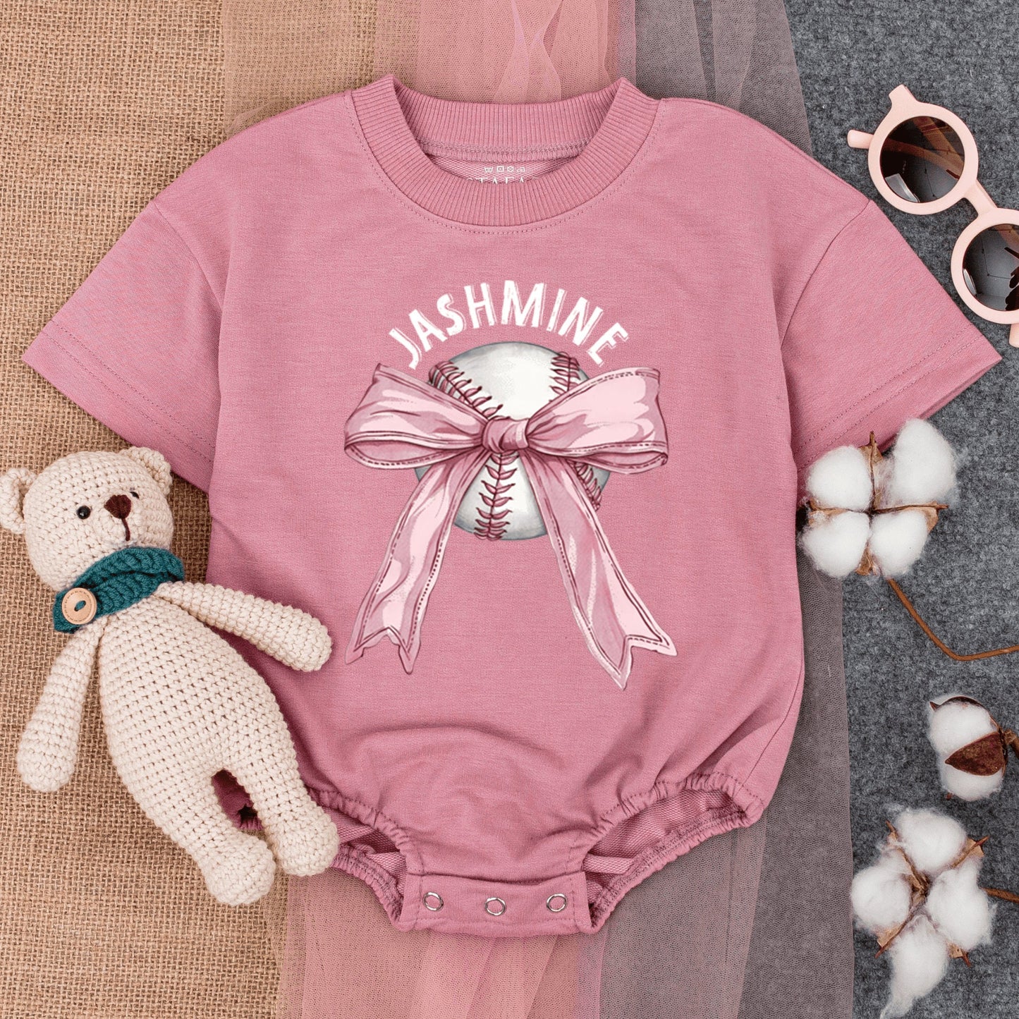 Custom Baseball Bow Baby Bodysuit Toddler T-Shirt Cute Girly Game Day Outfit with Name Jashmine