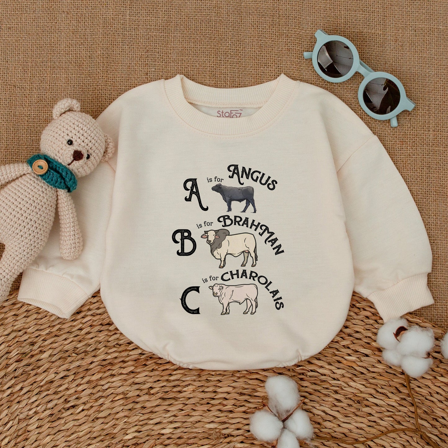 Cow Alphabet Baby Romper Cute Farm Animal ABC Angus Brahman Charolais Newborn Bubble Gift