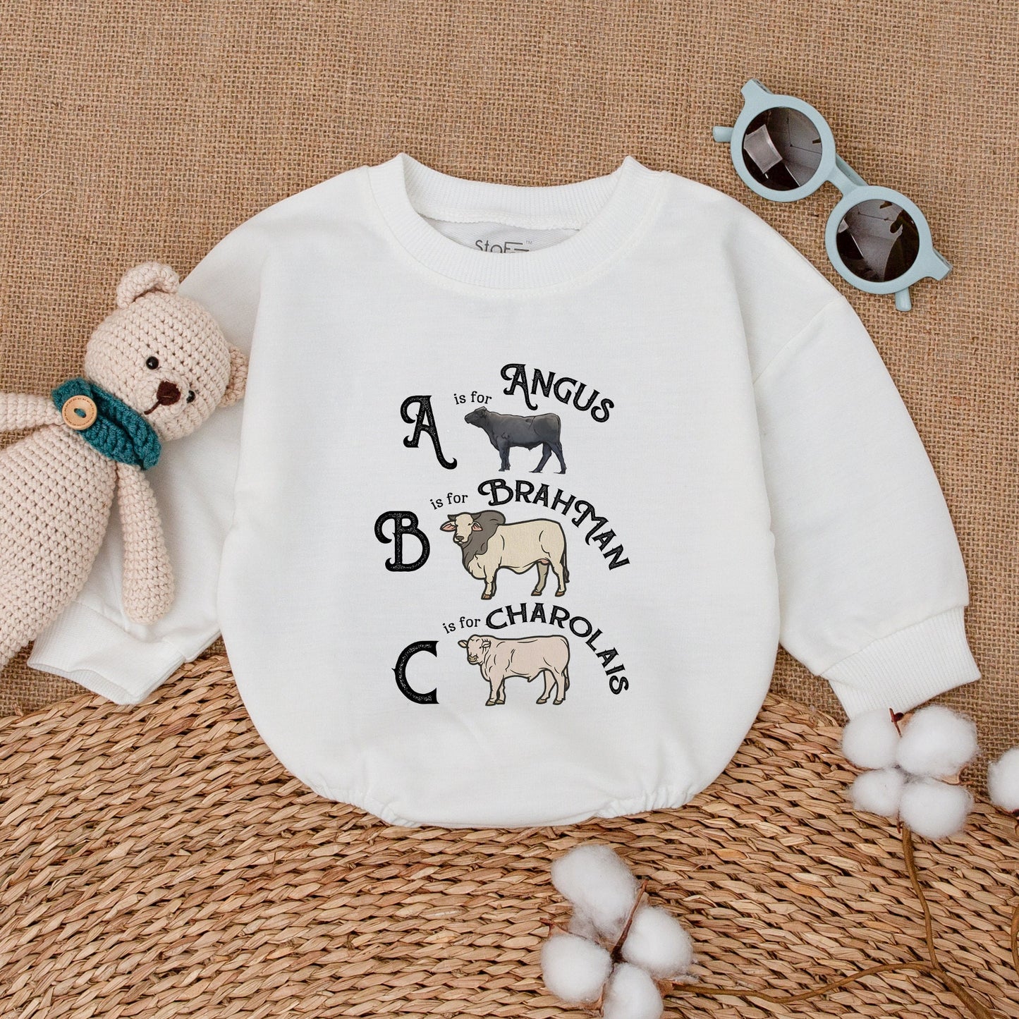 Cow Alphabet Baby Romper Cute Farm Animal ABC Angus Brahman Charolais Newborn Bubble Gift