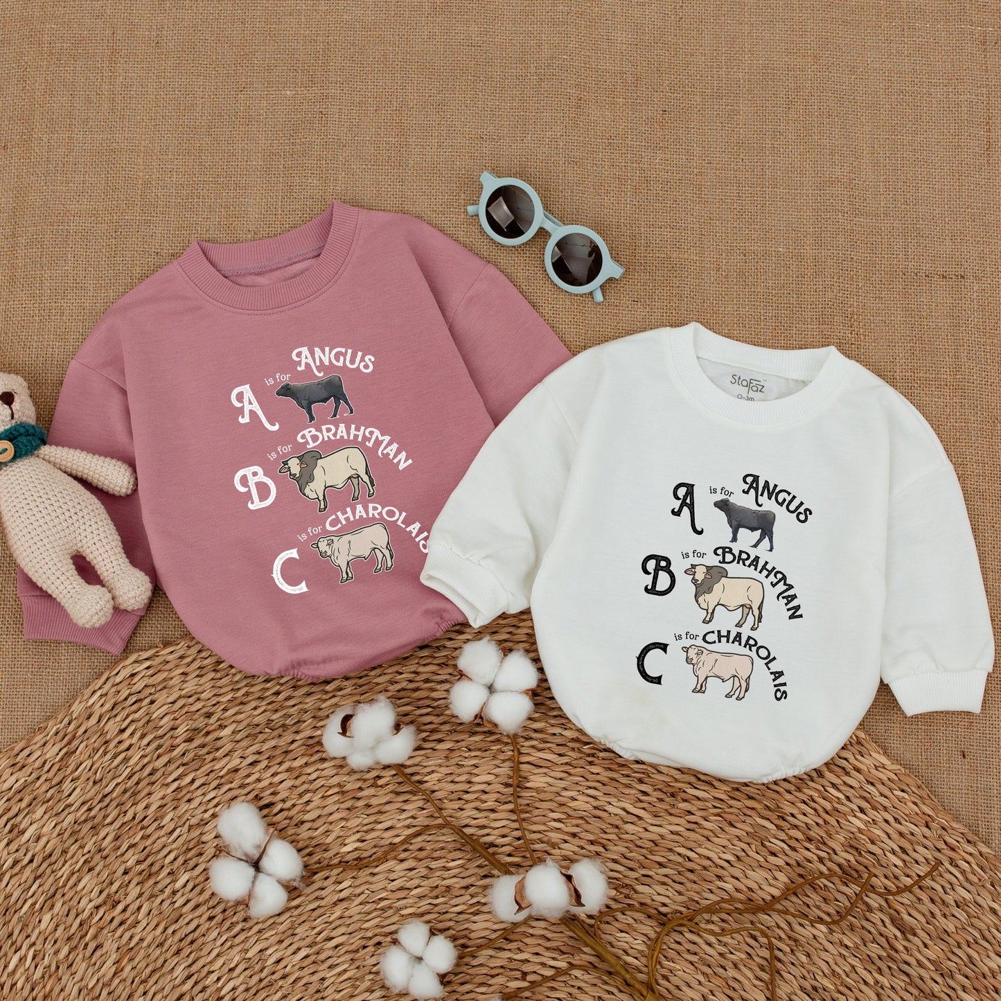 Cow Alphabet Baby Romper Cute Farm Animal ABC Angus Brahman Charolais Newborn Bubble Gift