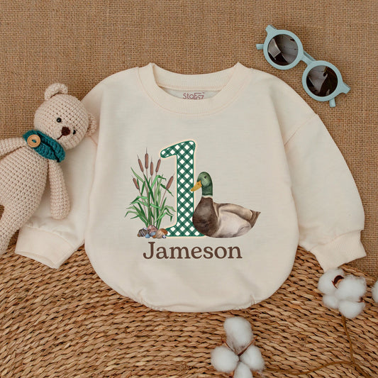 One Lucky Duck Birthday Romper Watercolor Mallard Duckling with Gingham "1" Whimsical Rustic Baby Clothes Infant Gift 136