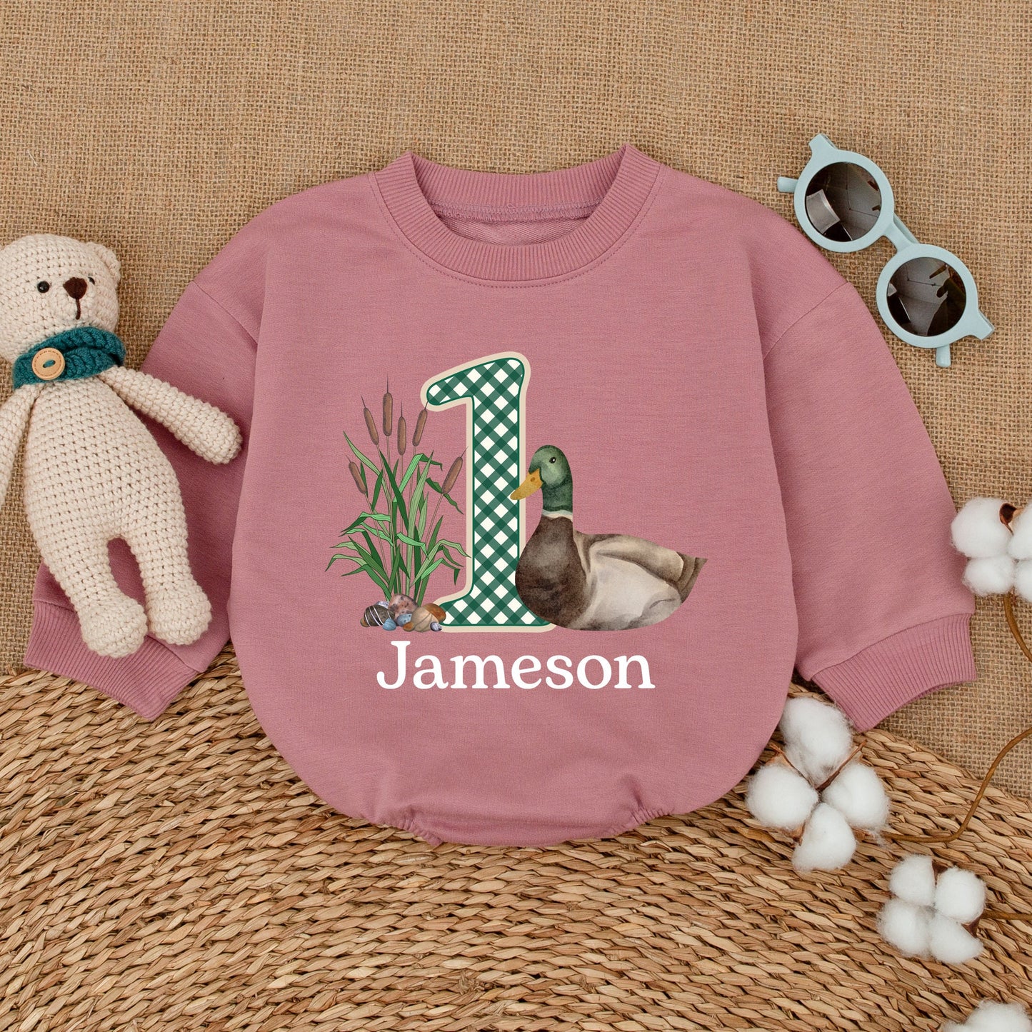 One Lucky Duck Birthday Romper Watercolor Mallard Duckling with Gingham "1" Whimsical Rustic Baby Clothes Infant Gift 136