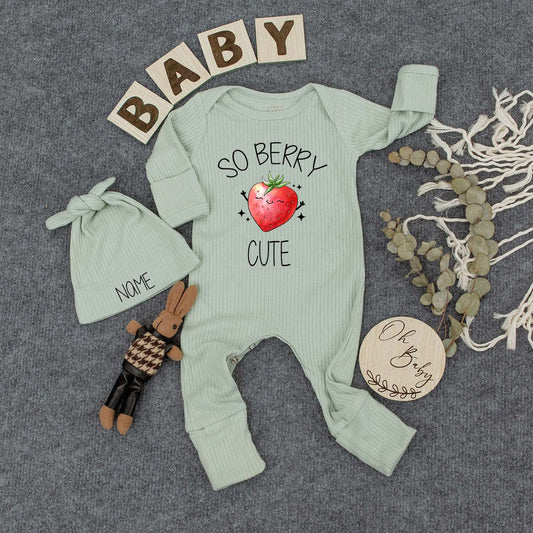 Personalized So Berry Cute Baby Bodysuit and Hat Set with Smiling Strawberry Design Whimsical Fruit Newborn Outfit New Mom Gift Romper