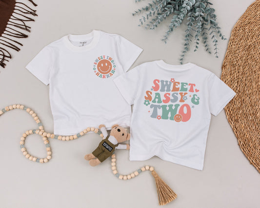 Sweet Sassy Two Birthday Girl Shirt: Retro Pastel 2nd Birthday Outfit, Smiling Face Toddler Tee, 70s Style Party Clothes, Sweet Two Hannah B-day