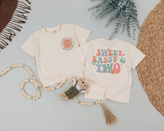 Sweet Sassy Two Birthday Girl Shirt: Retro Pastel 2nd Birthday Outfit, Smiling Face Toddler Tee, 70s Style Party Clothes, Sweet Two Hannah B-day