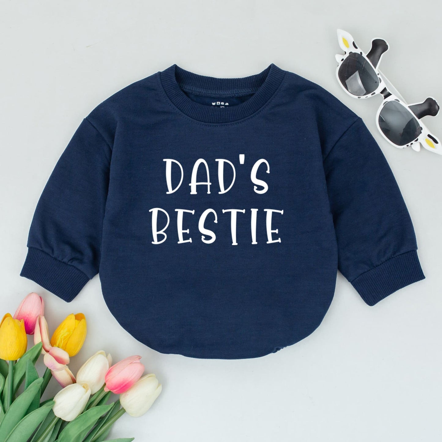 Dad's Bestie Baby Romper Newborn Gift Cute Father's Day Outfit 1st First Fathers Day Baby Clothes New Dad Reveal Sleepsuit White Text Modern
