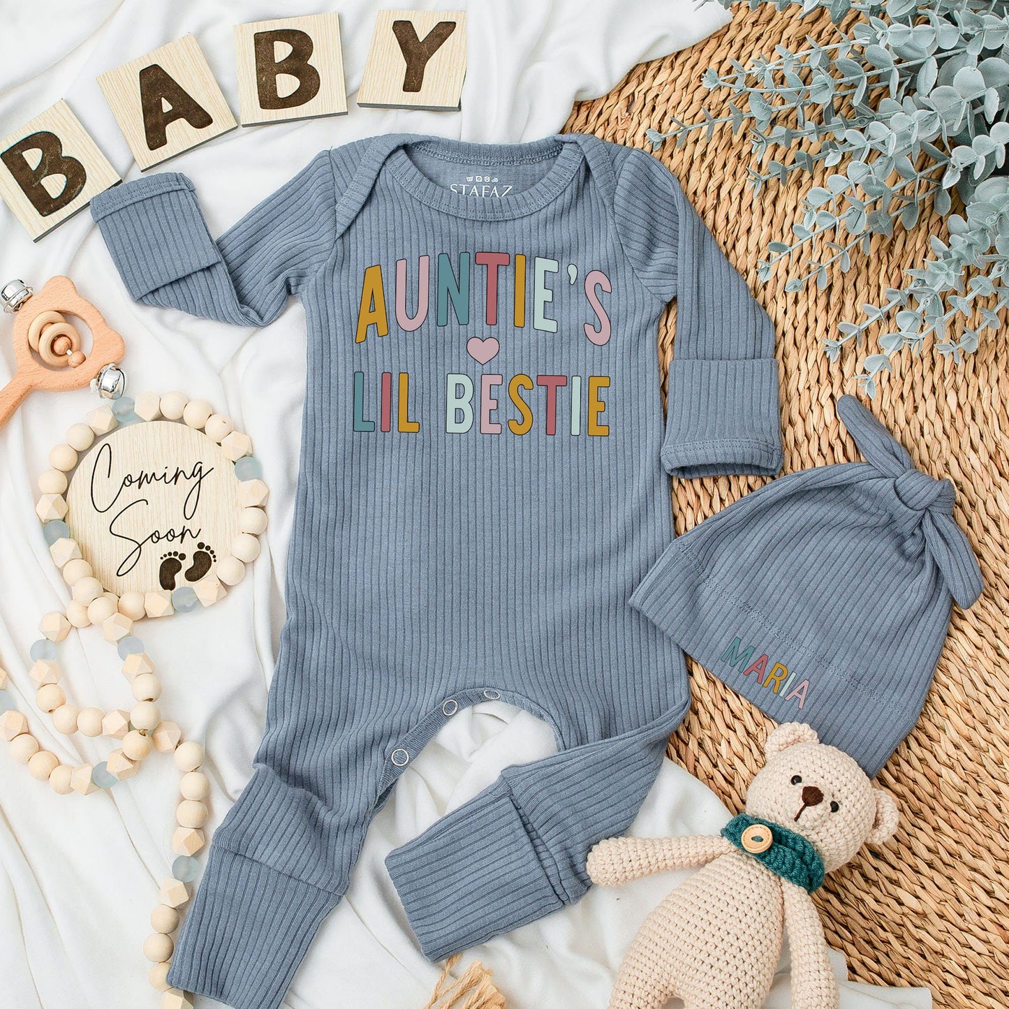 Personalized Auntie's Lil Bestie Baby Bodysuit & Hat Set Newborn Gift Coming Home Outfit Retro Muted Gold Pink Blue Heart Design Long Sleeve