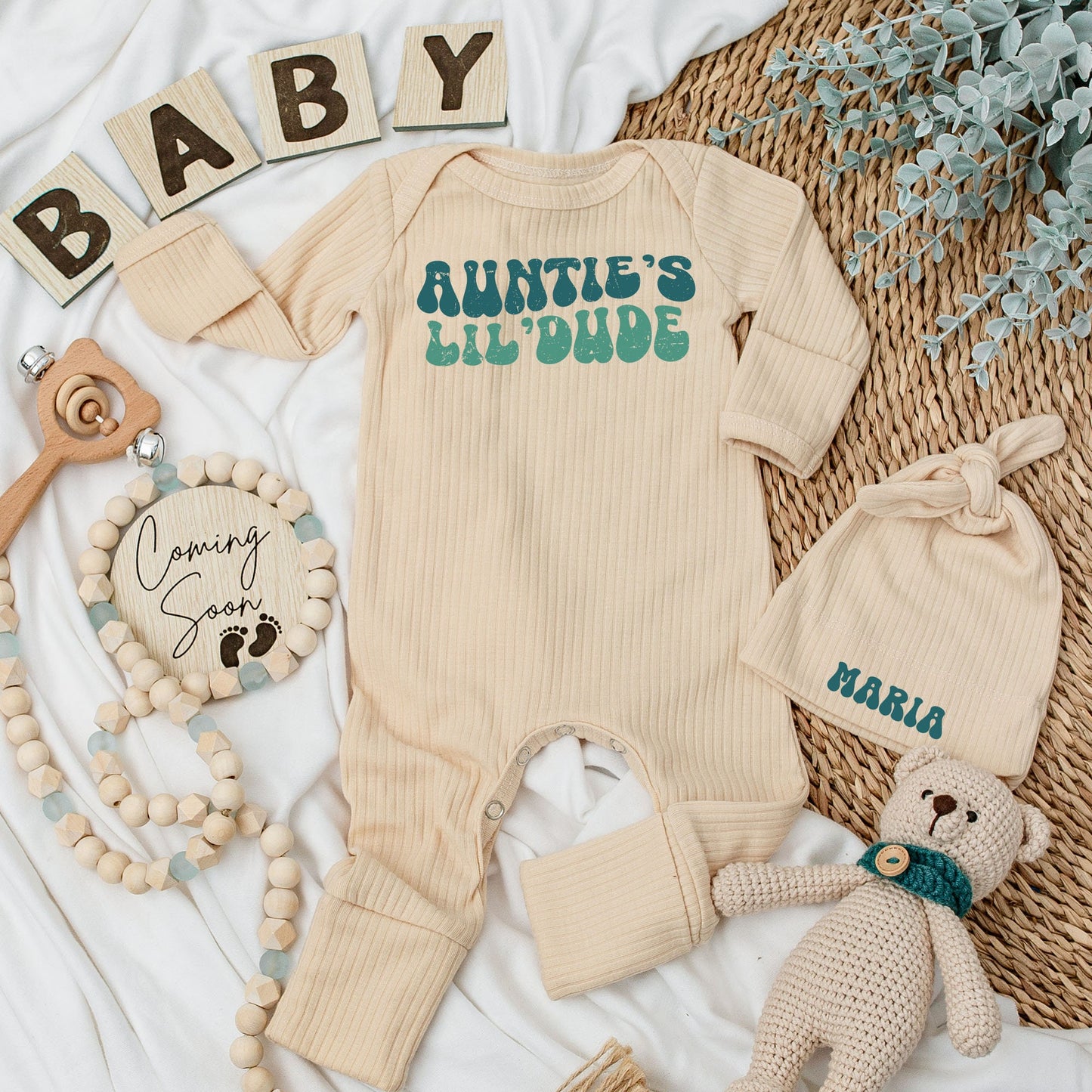Personalized Auntie's Lil'Dude Baby Long Sleeve Bodysuit & Hat Set Retro 70s Design Teal Green Groovy Newborn Coming Home Outfit Baby Shower Gift