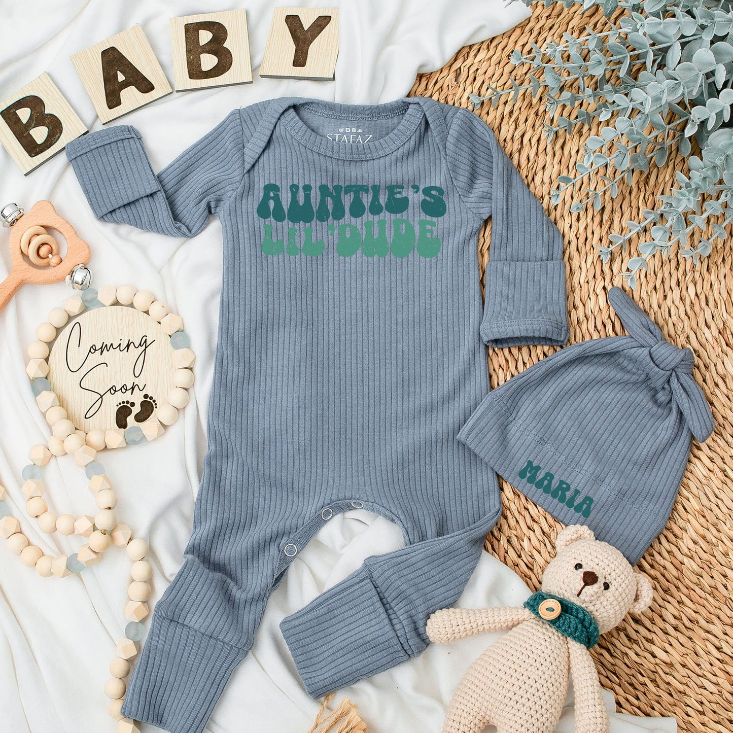 Personalized Auntie's Lil'Dude Baby Long Sleeve Bodysuit & Hat Set Retro 70s Design Teal Green Groovy Newborn Coming Home Outfit Baby Shower Gift
