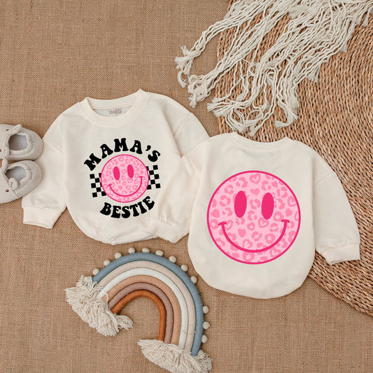 Baby Girl Romper Mama's Bestie Pink Smiley Face Leopard Heart Checkered Modern Infant Bodysuit Comfortable Gift Mother's Day