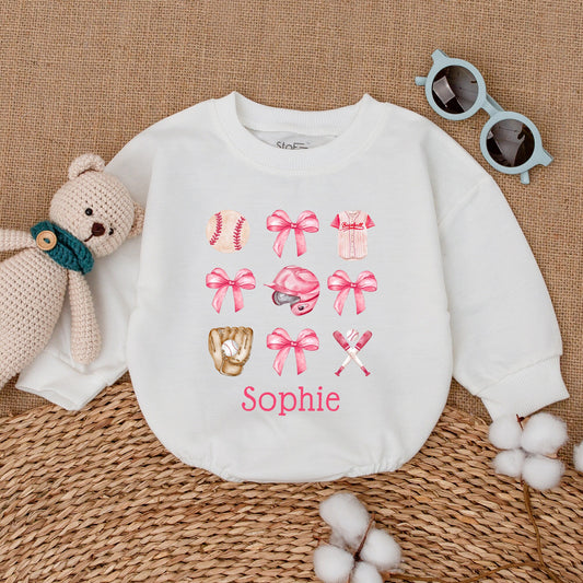 Personalized Baseball Sister Baby Romper Girl Game Day Outfit Pink Ribbon Watercolor Design Little Sister Bodysuit Baseball Fan Gift