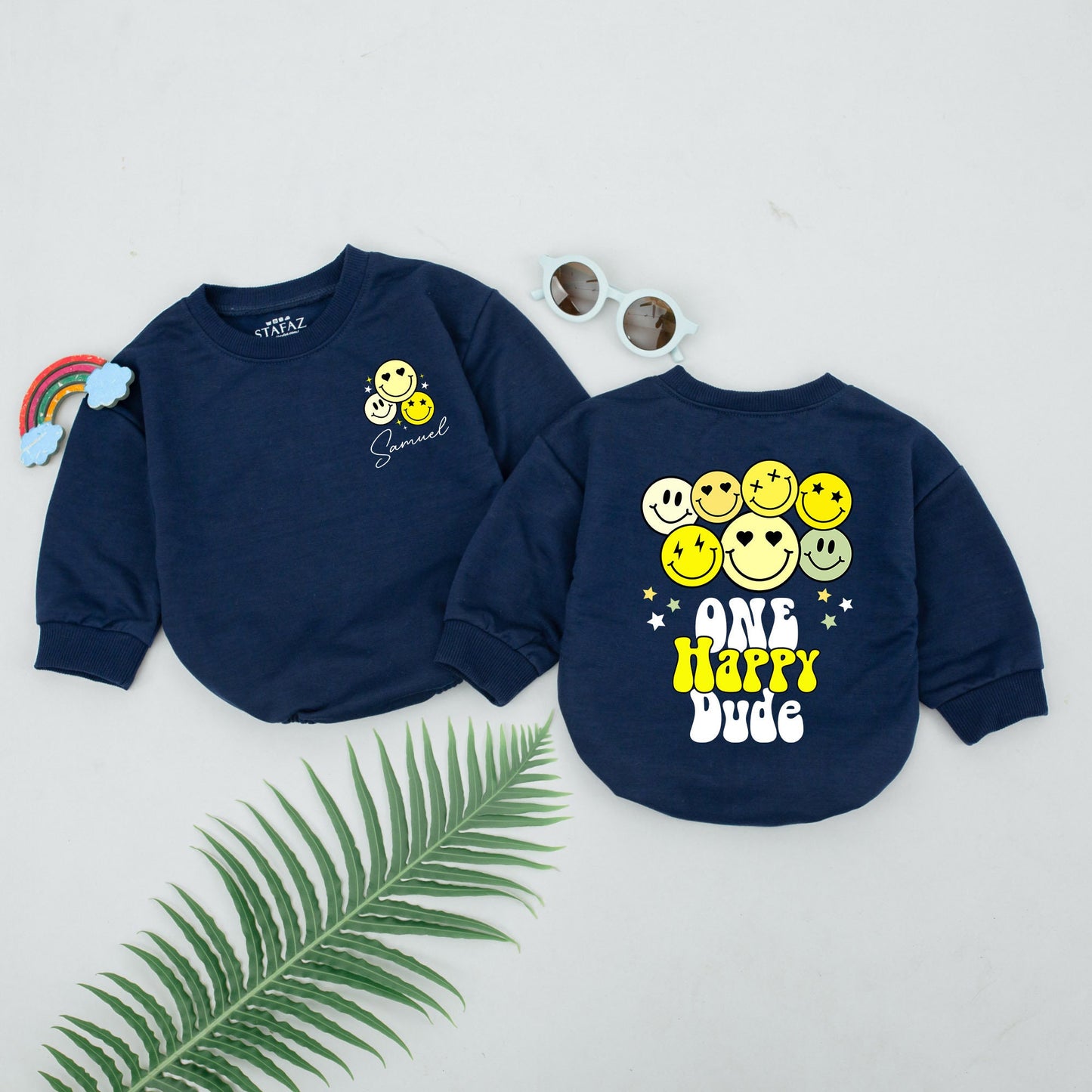 Personalized One Happy Dude Romper First Birthday Baby Boy Outfit Smiley Face Bodysuit Cheerful Retro Yellow Green Infant Gift Soft Cotton