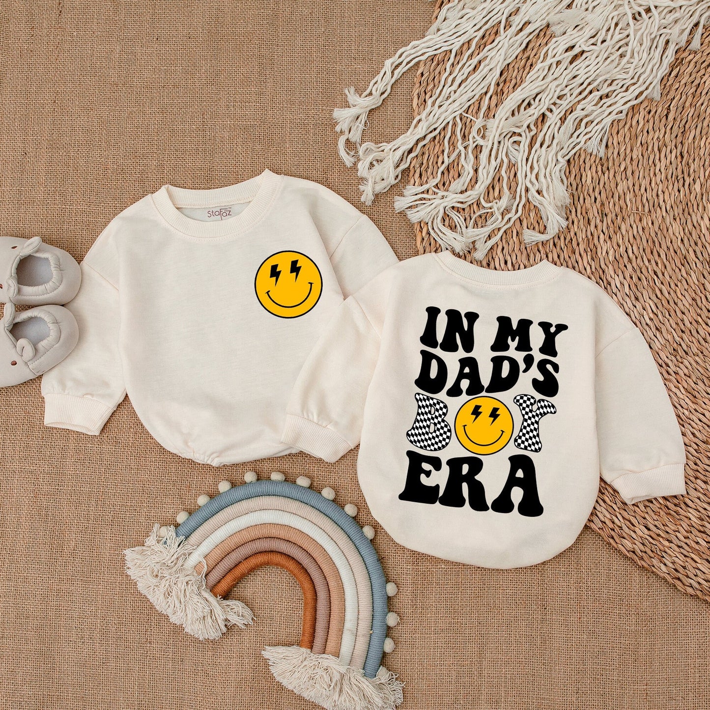 Playful Retro 'In My Dad's Era' Baby Boy Romper with Lightning Bolt Smiley Face Checkered Design Comfortable Cotton Bubble Suit Father's Day Gift
