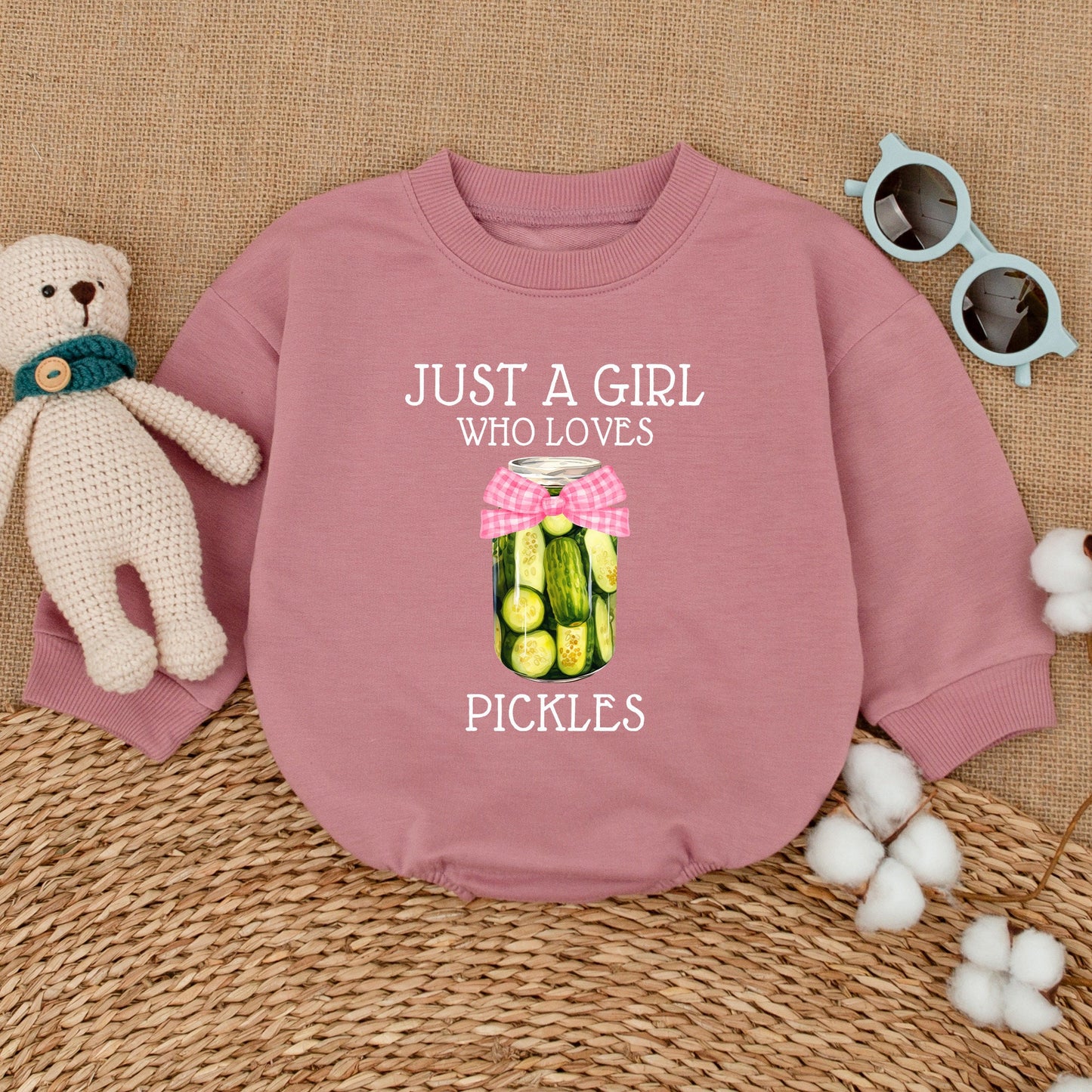 Just A Girl Who Loves Pickles Baby Bodysuit Cute Funny Pickle Jar Design Infant Romper Pink Gingham Ribbon Vegan Green Pickle Girl Outfit Hipster Baby Clothes