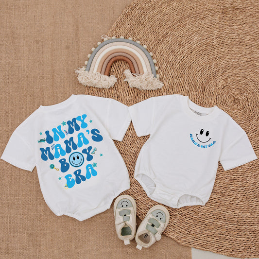 Retro Mama's Boy Era Baby Romper Bodysuit with Smiley Face & Blue Star Skateboard Vintage Infant Outfit Gift