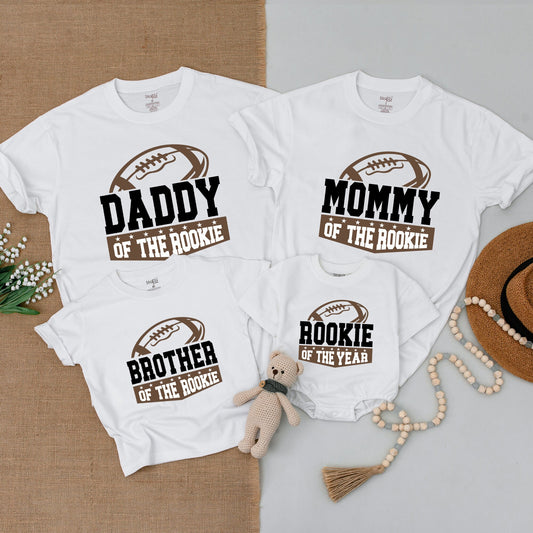 Football Family Matching Birthday Shirts Rookie of The Year First Year Down Modern Brown Black Design Baby Boy Romper Mommy Daddy Brother