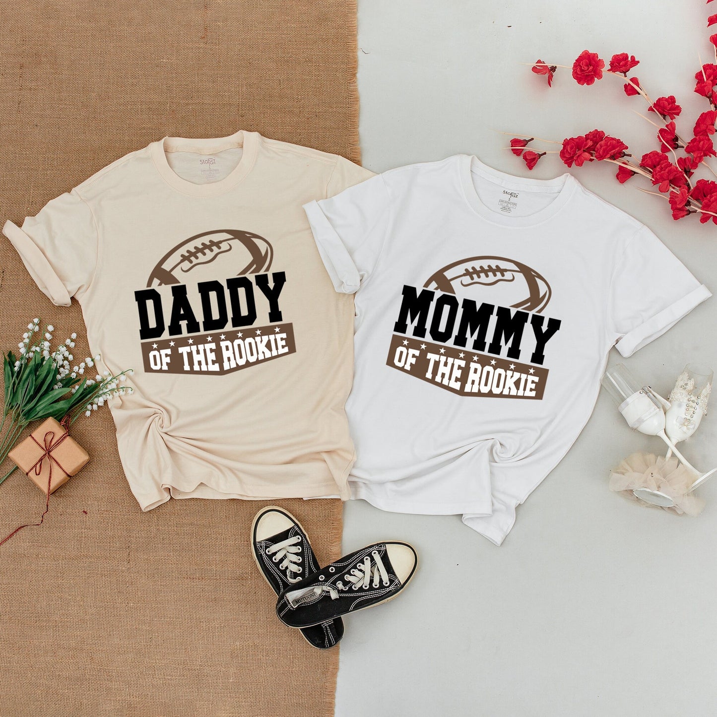 Football Family Matching Birthday Shirts Rookie of The Year First Year Down Modern Brown Black Design Baby Boy Romper Mommy Daddy Brother