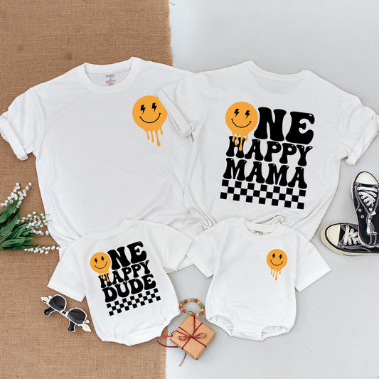 One Happy Dude 1st Birthday Family Matching Shirts & Bodysuits Retro Orange Melting Smiley Face Lightning Bolt Design