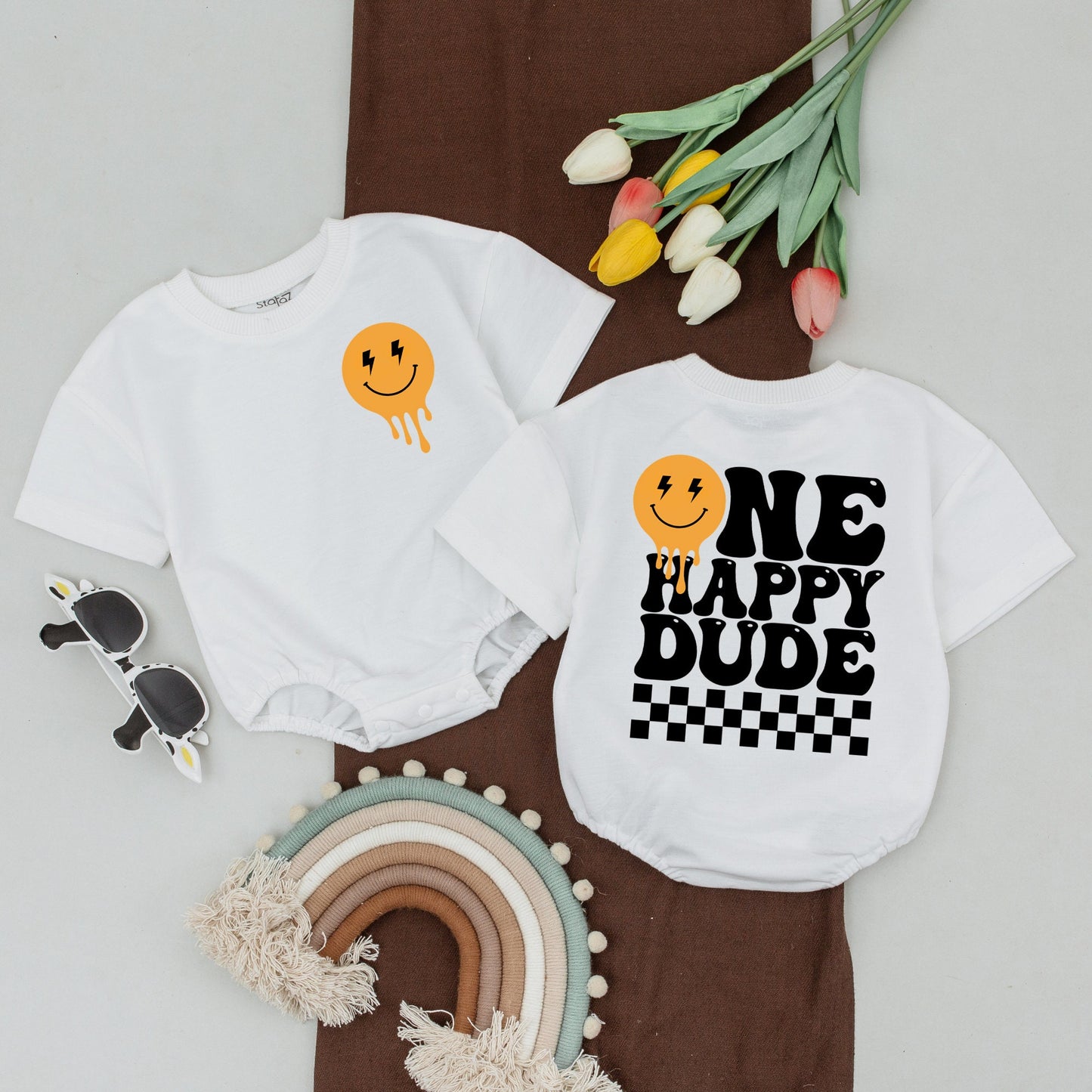 One Happy Dude 1st Birthday Family Matching Shirts & Bodysuits Retro Orange Melting Smiley Face Lightning Bolt Design