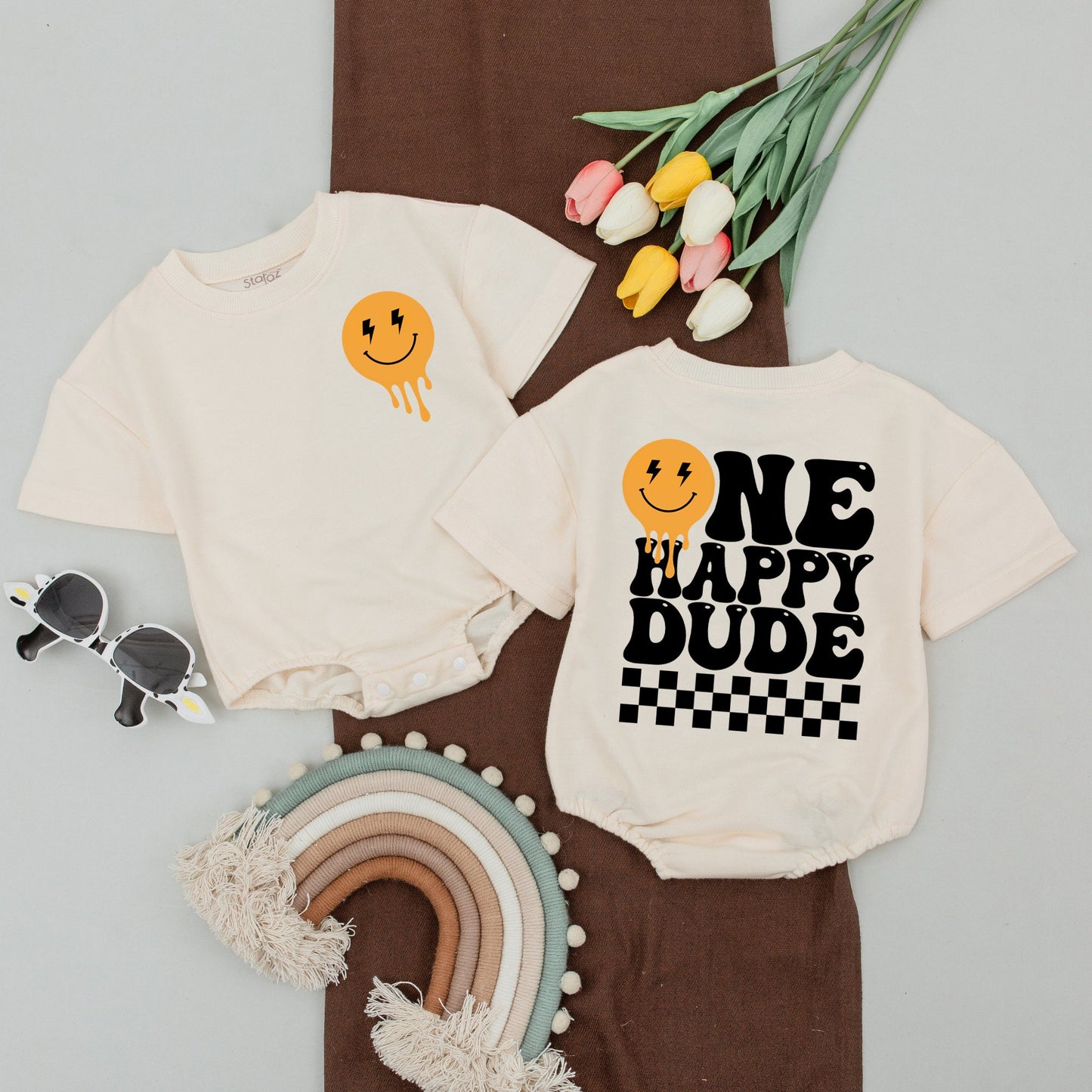 One Happy Dude 1st Birthday Family Matching Shirts & Bodysuits Retro Orange Melting Smiley Face Lightning Bolt Design