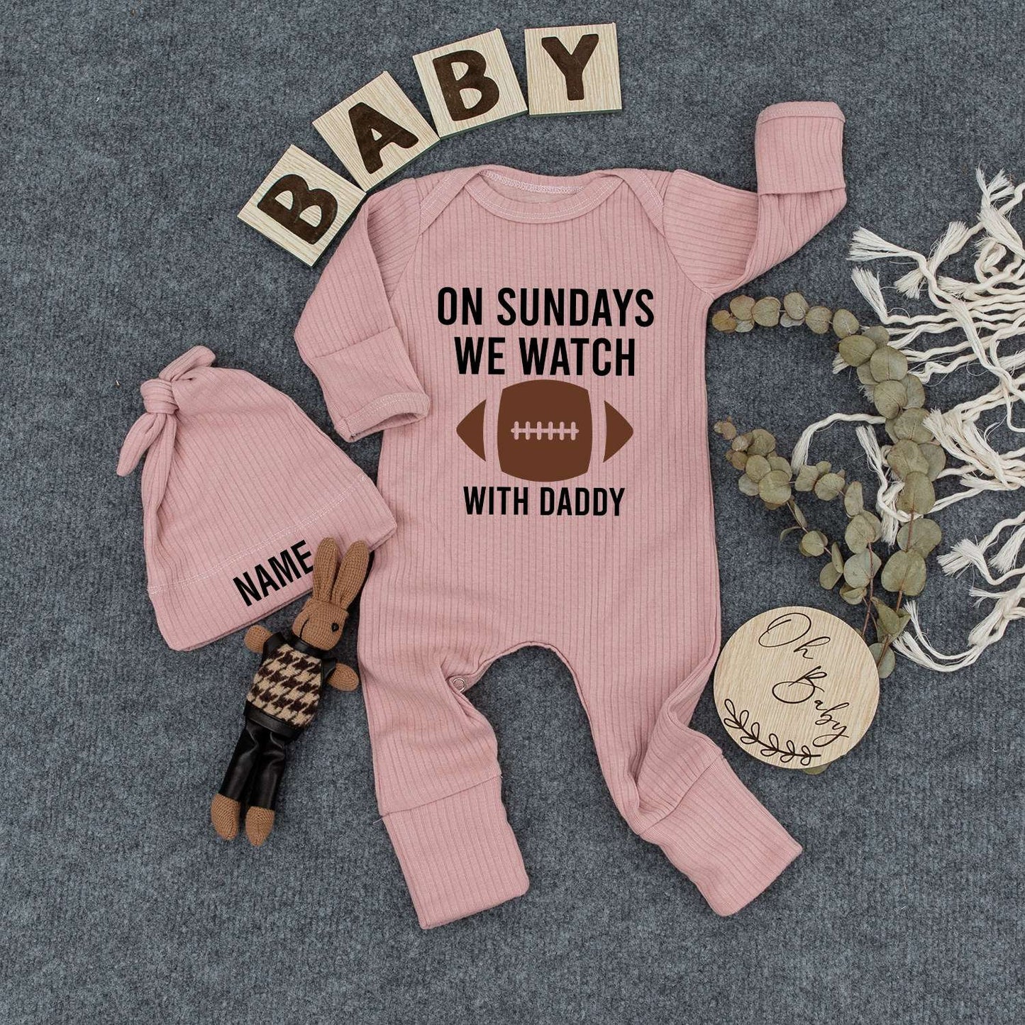 Personalized Baby Bodysuit Hat Set On Sundays We Watch Football with Daddy Custom Name Newborn Infant Outfit Gender Neutral New Mom Gift