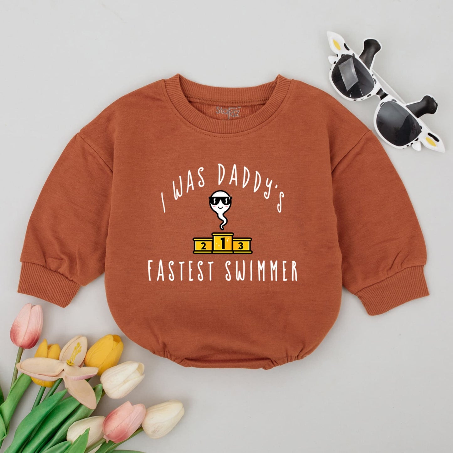 I Was Daddy's Fastest Swimmer Baby Romper Funny New Dad Gift First Father's Day Cute Infant Outfit Yellow White Design