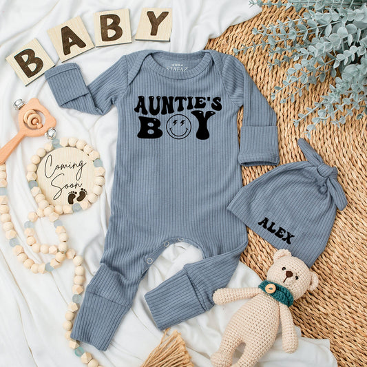 Auntie's Boy Retro Baby Bodysuit and Hat Set Newborn Outfit with Smiley Face Lightning Eyes Vintage Inspired Shower Gift Coming Home
