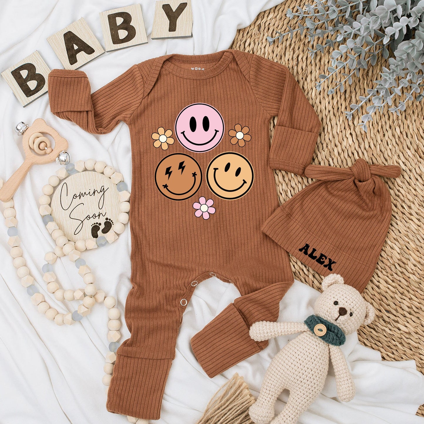Personalized Baby Bodysuit & Hat Set Groovy Smiley Face Floral Design Alex Name Retro Birthday Shower Newborn Coming Home Outfit Baby Girl Clothes