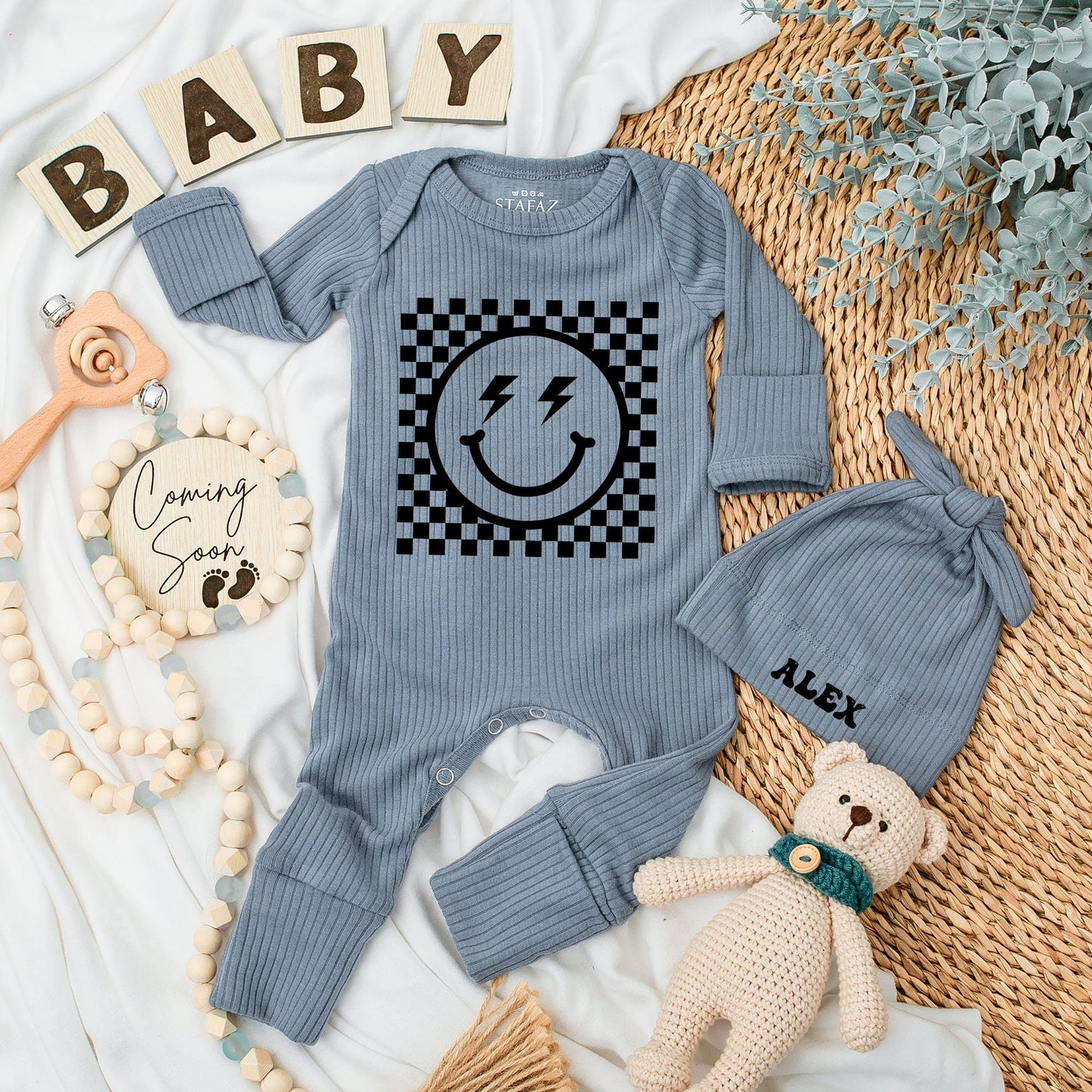 Personalized Baby Bodysuit and Hat Set Custom Name Retro Smiley Face Checkerboard Design Newborn Outfit Boys Girls Baby Shower Gift