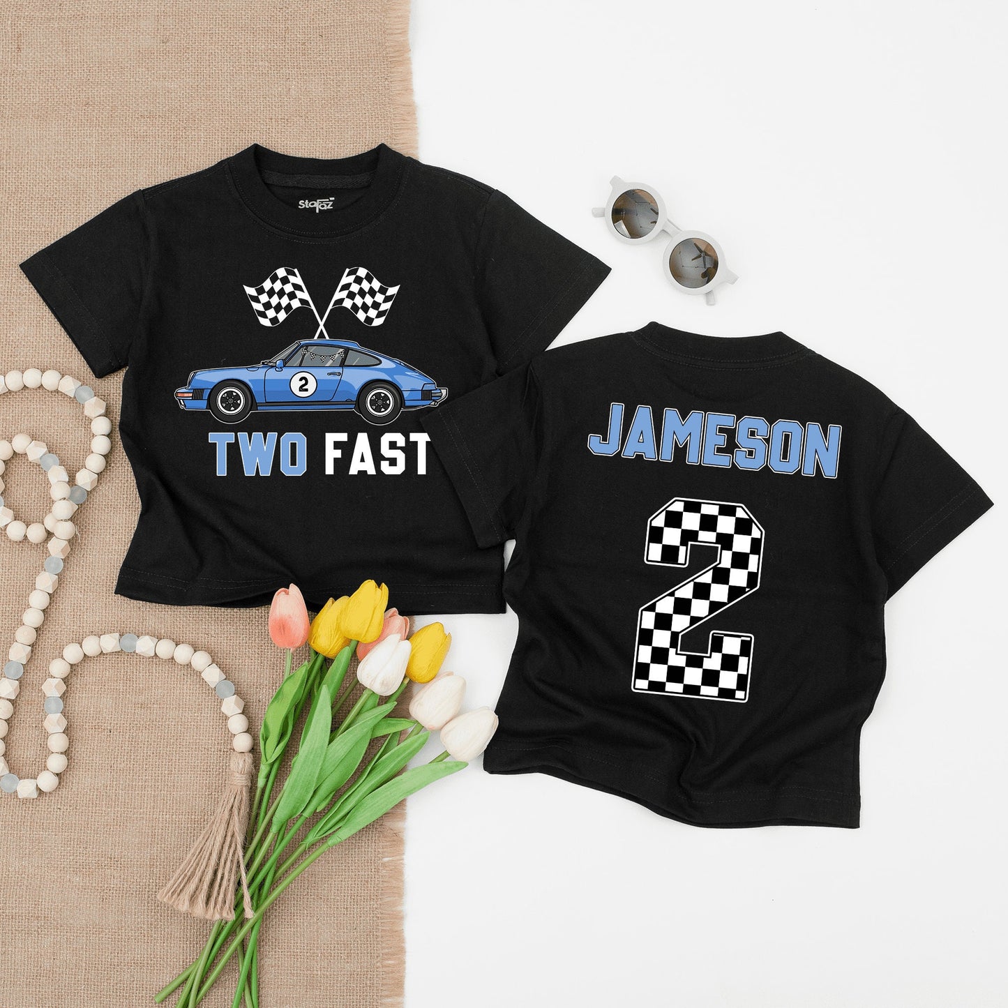 Two Fast Race Car Birthday Shirt Blue Racing Flags Number 2 Fun Birthday Outfit for Boys Toddlers