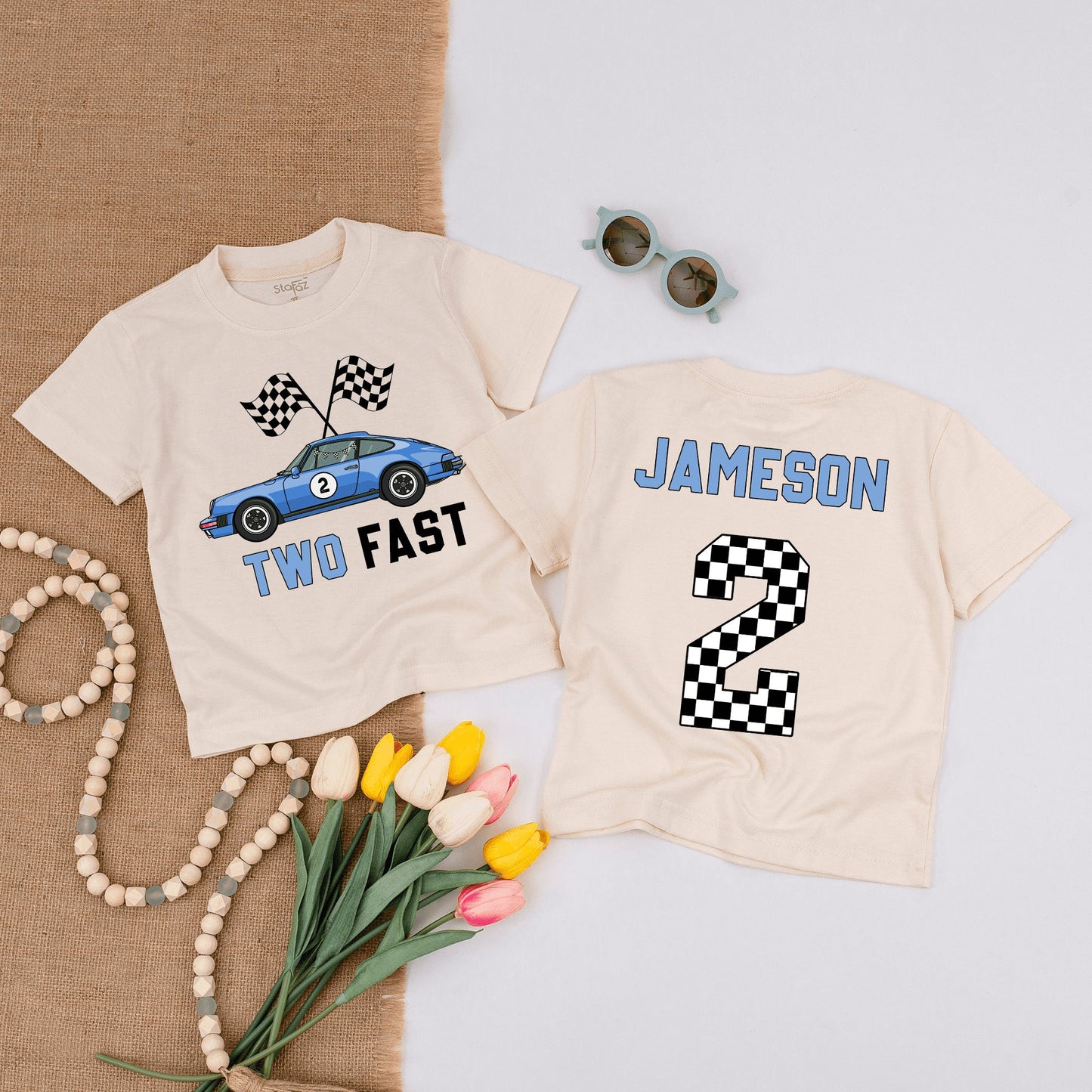Two Fast Race Car Birthday Shirt Blue Racing Flags Number 2 Fun Birthday Outfit for Boys Toddlers