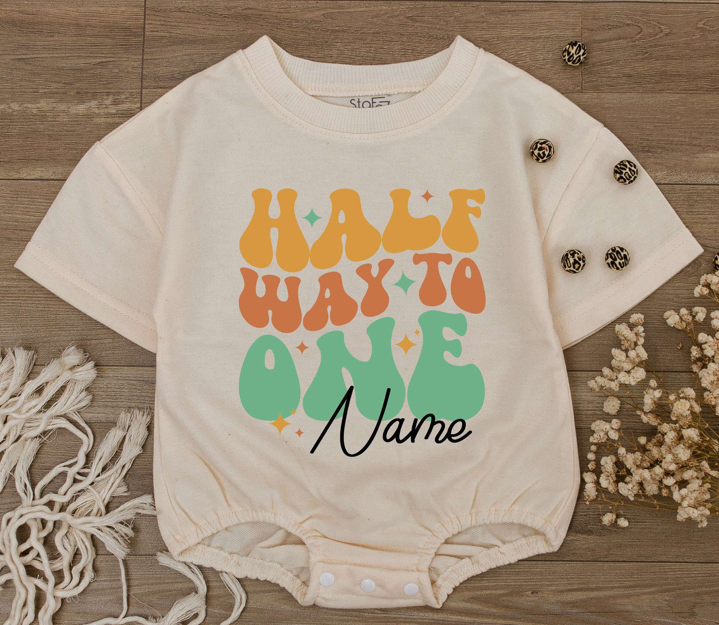 Custom Half Way To One Baby Romper Retro Groovy Orange Green Starburst Design Personalized Name Six Month Birthday Outfit Toddler Infant Soft Cotton Gift Idea
