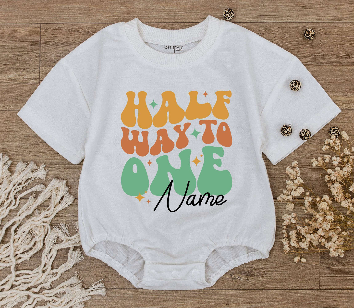 Custom Half Way To One Baby Romper Retro Groovy Orange Green Starburst Design Personalized Name Six Month Birthday Outfit Toddler Infant Soft Cotton Gift Idea