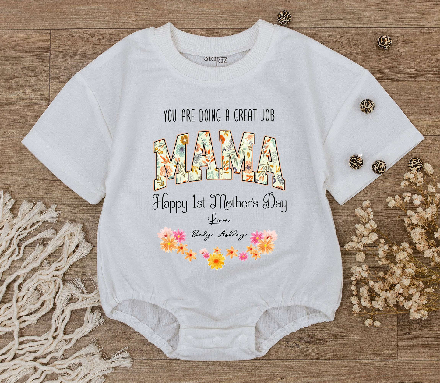Custom You're Doing a Great Job Mama Baby Romper Floral First Mother's Day Outfit with Baby's Name Sweet Newborn Bodysuit Gift